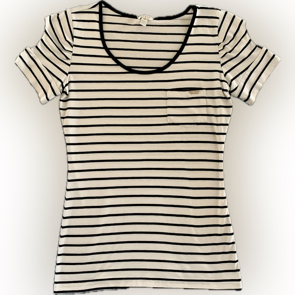 Guess Tops - Guess Black and White Striped Cap Sleeve Fitted T-shirt Cold Shoulder Small Y2K